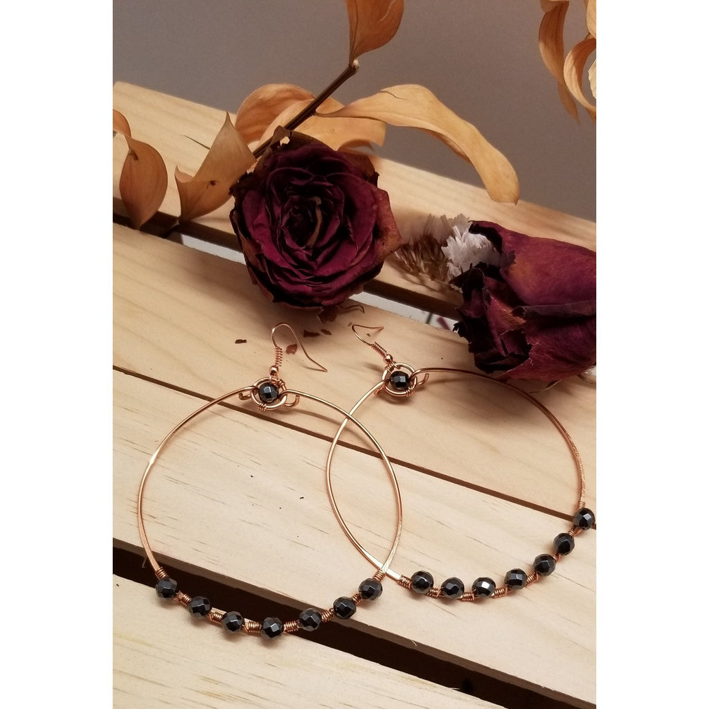 Handmade Hematite Copper Hoop Wire Wrapped Earrings