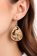 Celestial Cat Teardrop Earrings | Laser Engraved Wooden Moon & Floral Design