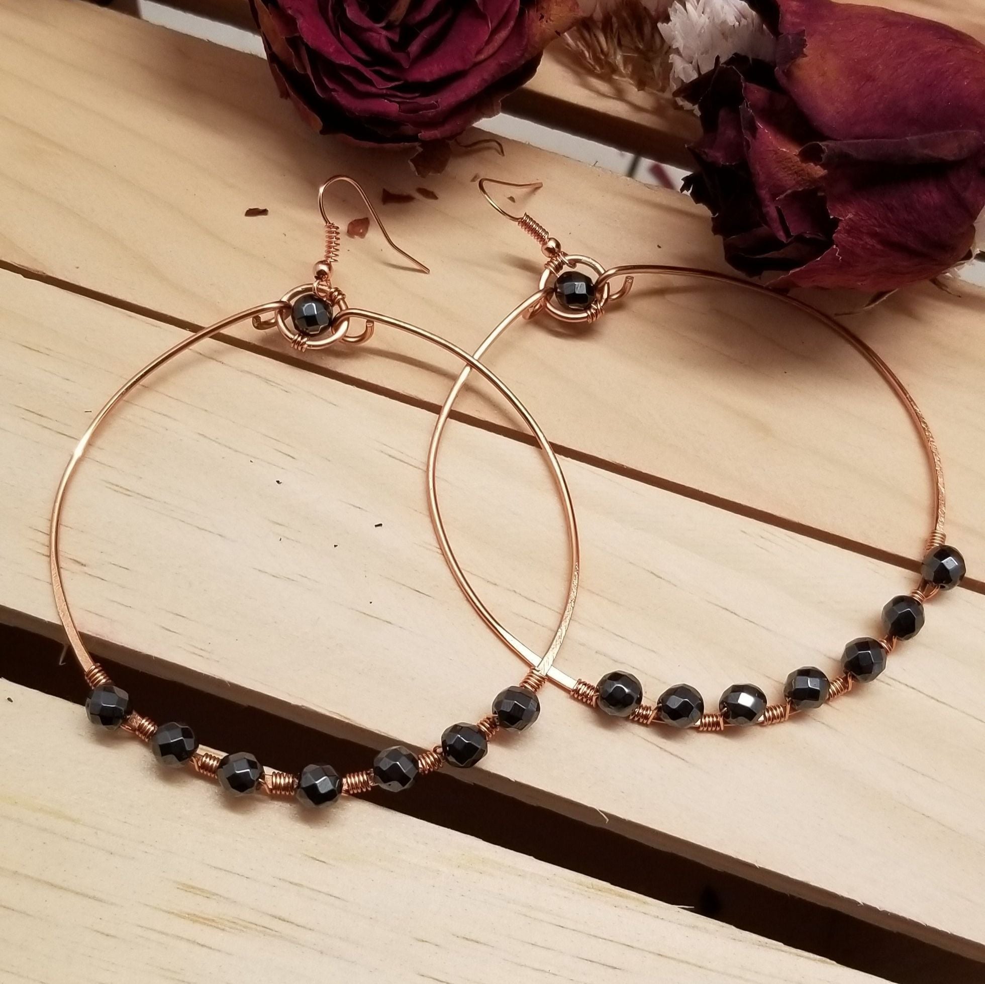 Handmade Hematite Copper Hoop Wire Wrapped Earrings