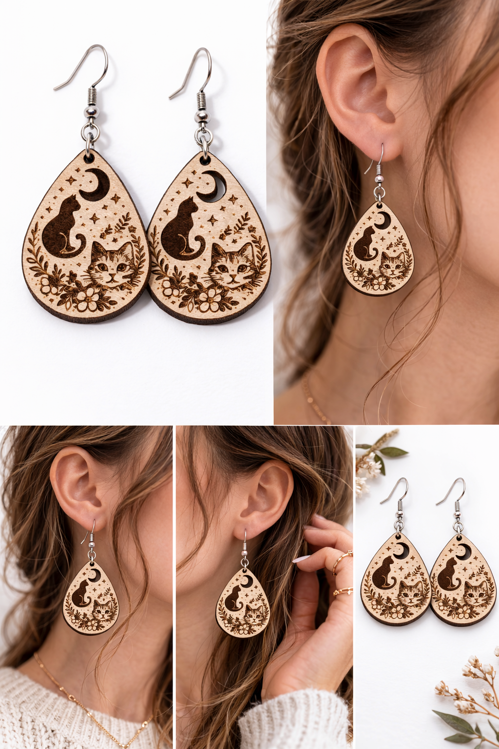 Celestial Cat Teardrop Earrings | Laser Engraved Wooden Moon & Floral Design