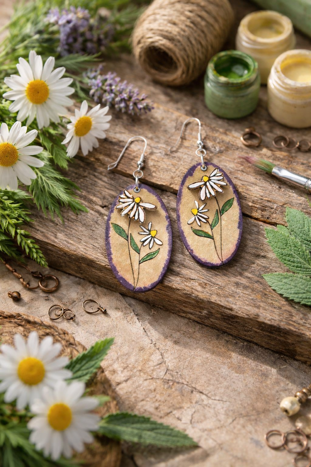 Hand-Painted Daisy Oval Earrings | Purple Edge Floral Dangles