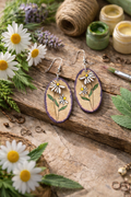 Hand-Painted Daisy Oval Earrings | Purple Edge Floral Dangles