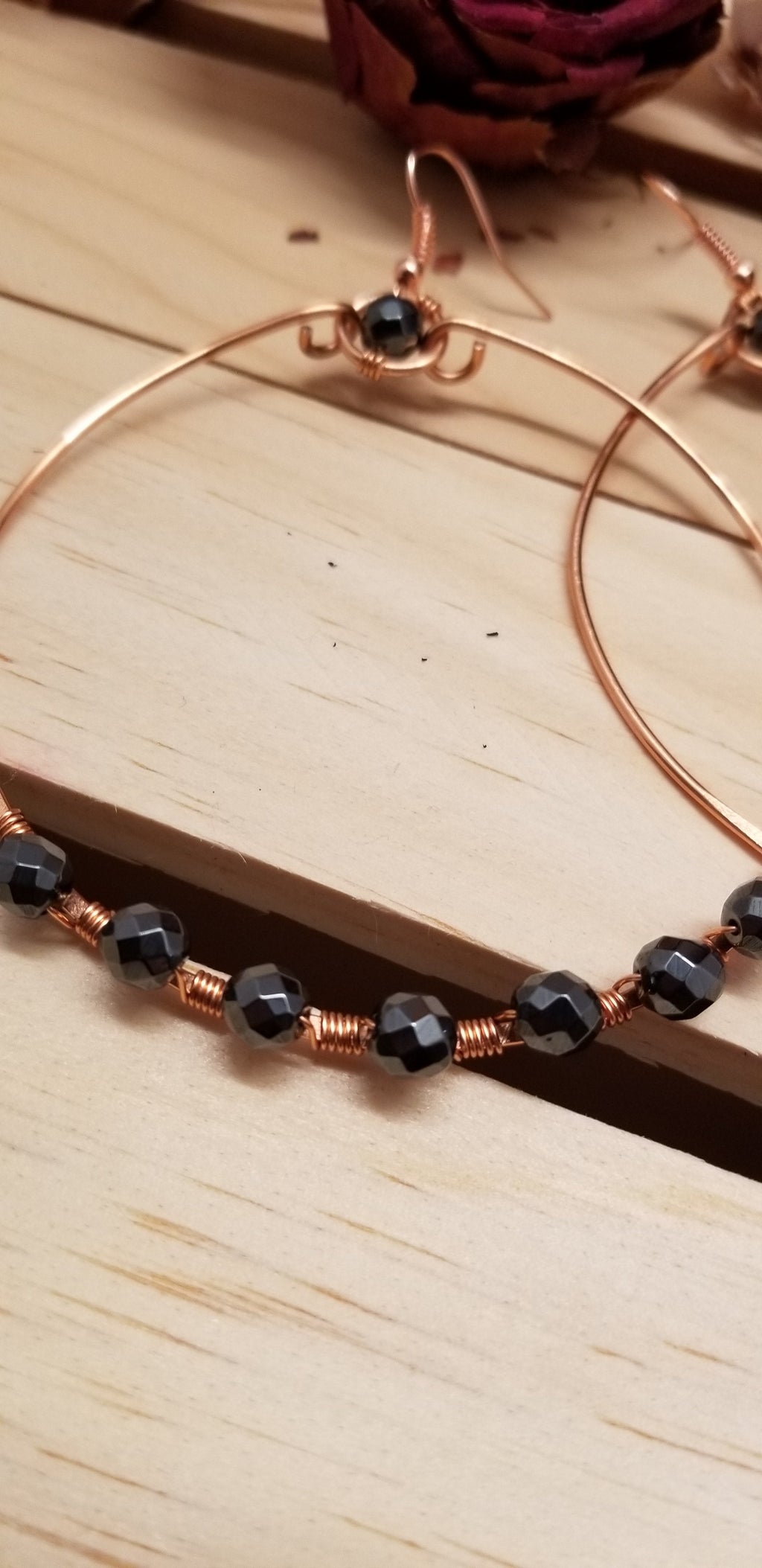 Handmade Hematite Copper Hoop Wire Wrapped Earrings