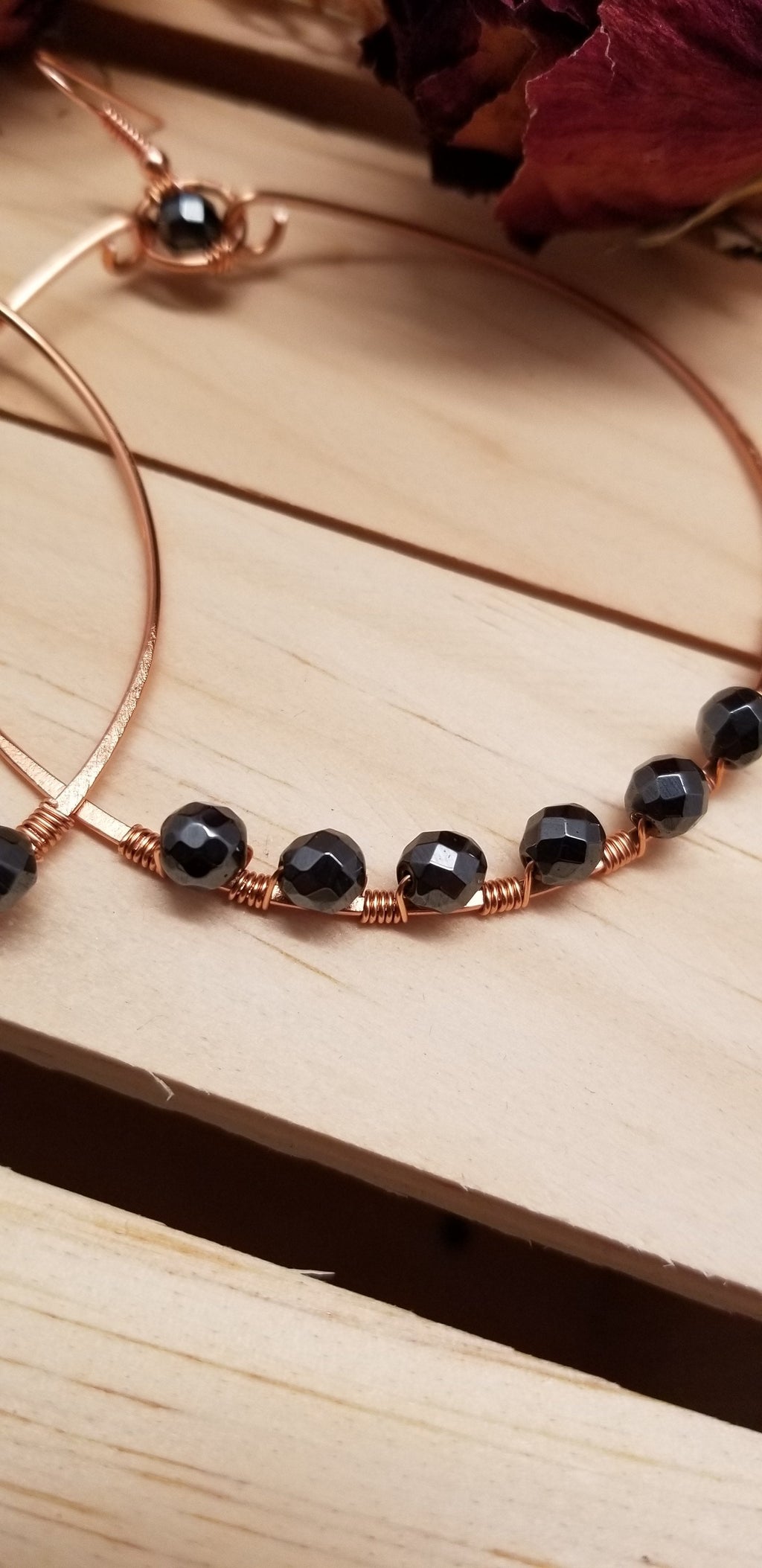 Handmade Hematite Copper Hoop Wire Wrapped Earrings
