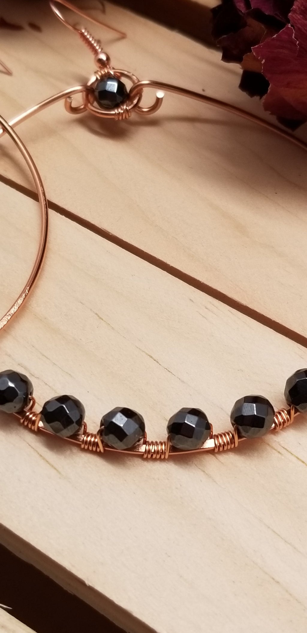 Handmade Hematite Copper Hoop Wire Wrapped Earrings