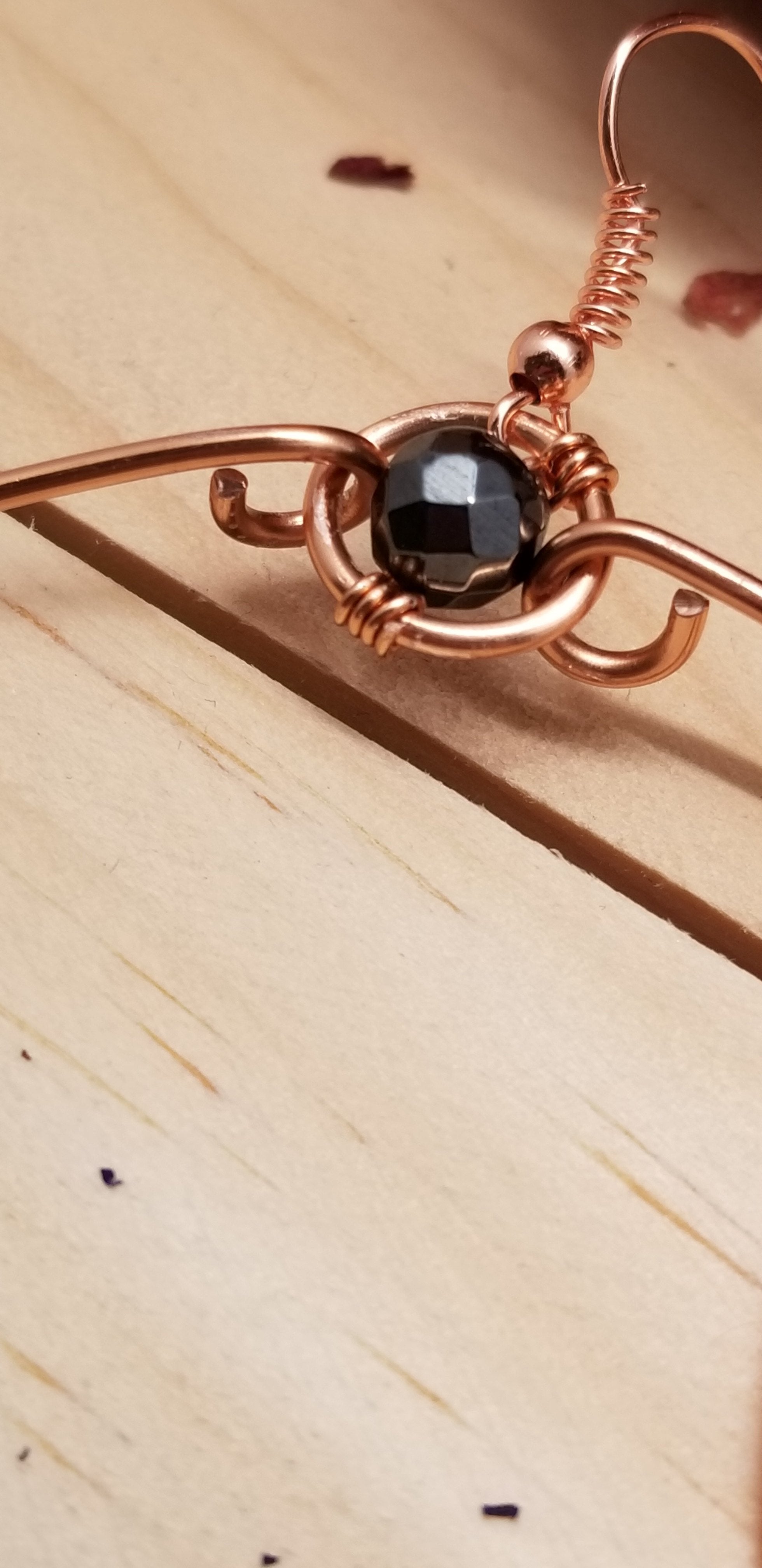 Handmade Hematite Copper Hoop Wire Wrapped Earrings