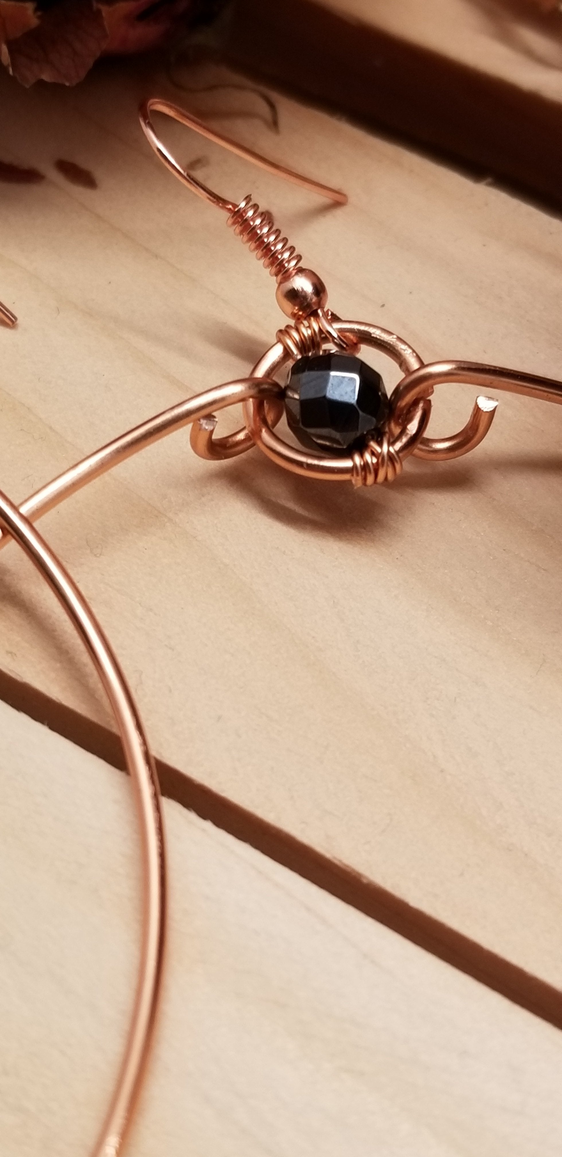 Handmade Hematite Copper Hoop Wire Wrapped Earrings