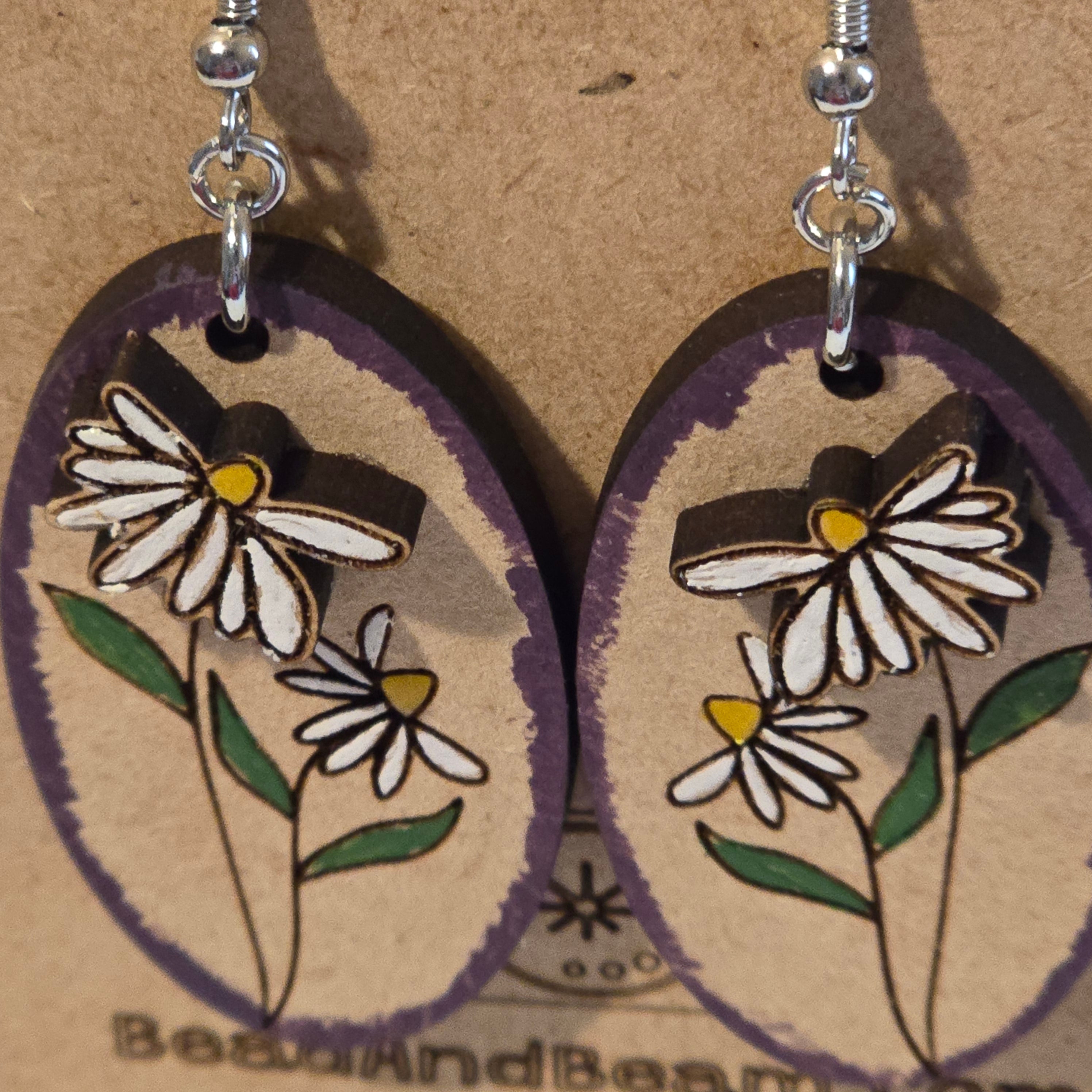 Hand-Painted Daisy Oval Earrings | Purple Edge Floral Dangles
