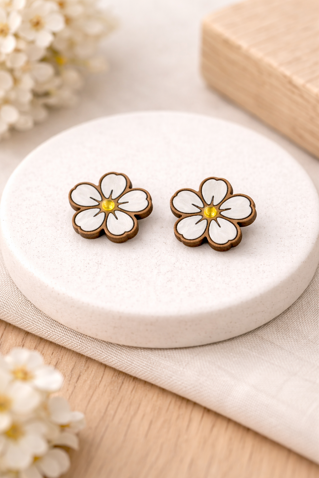 Handmade Floral Wood Stud Earrings – White Blossom with Golden Center
