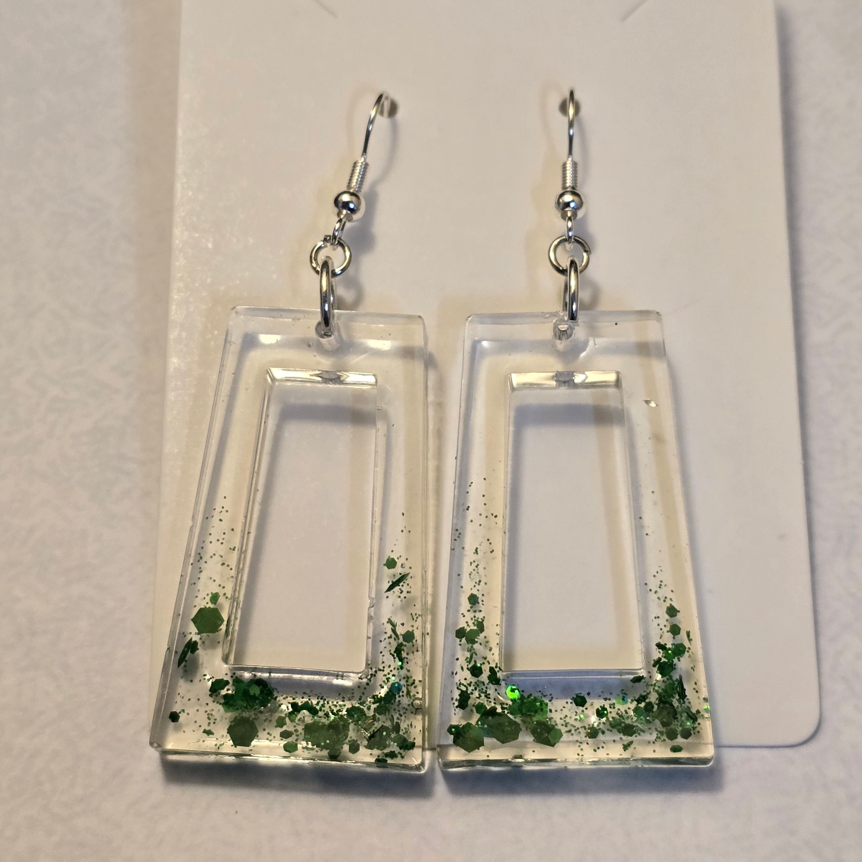 Clear Frame Resin Earrings with Emerald Green Flake Accents