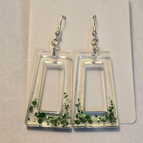 Clear Frame Resin Earrings with Emerald Green Flake Accents