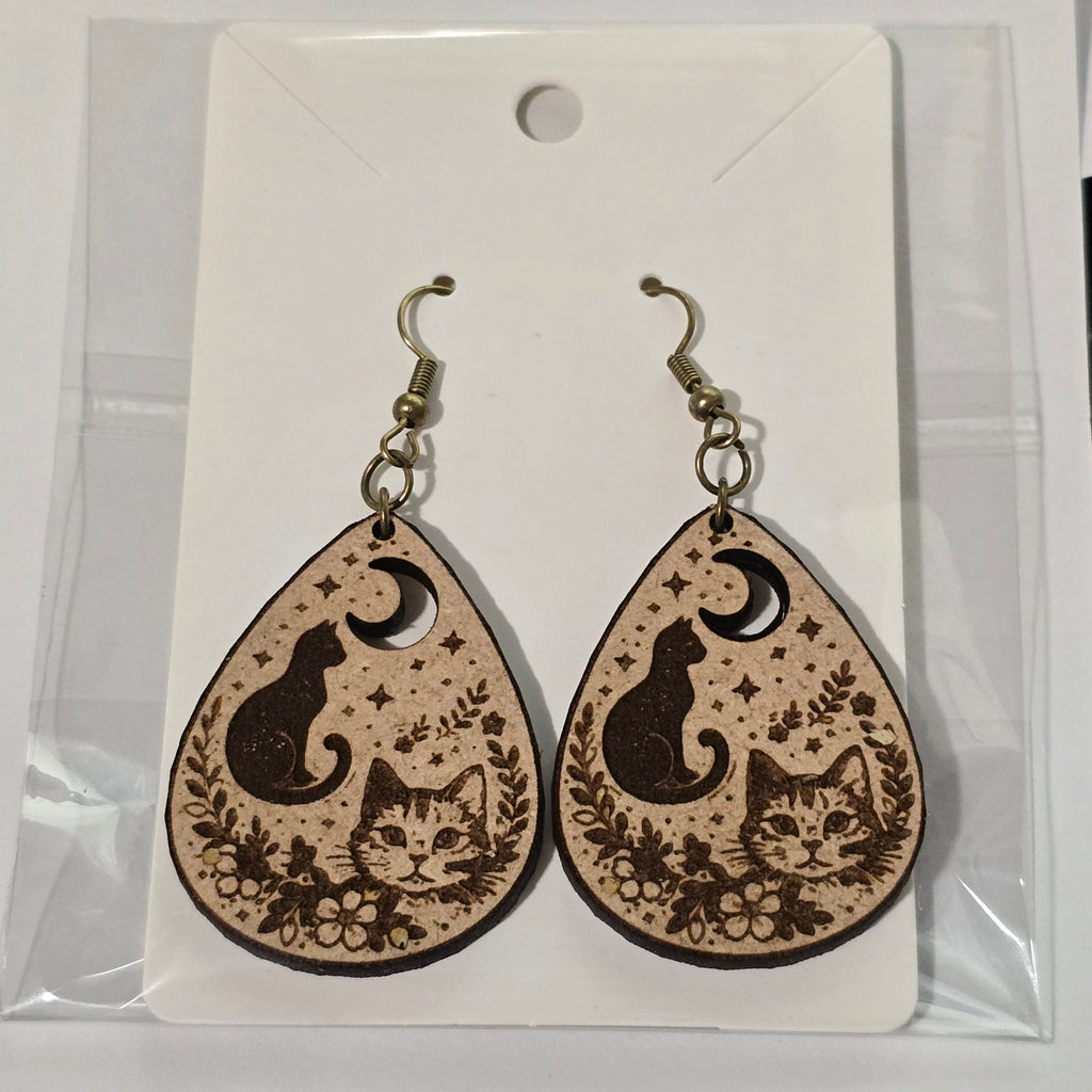 Celestial Cat Teardrop Earrings | Laser Engraved Wooden Moon & Floral Design