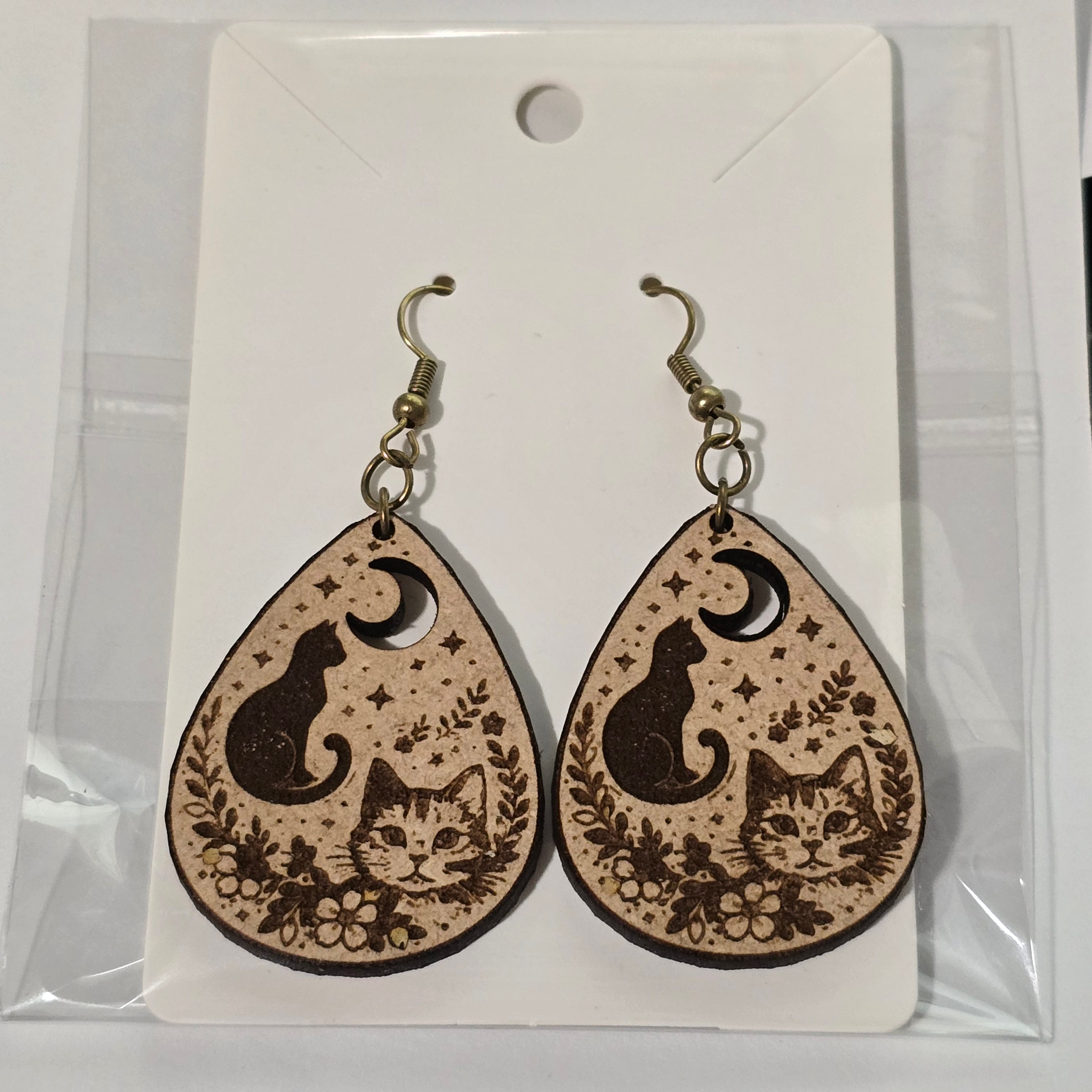 Celestial Cat Teardrop Earrings | Laser Engraved Wooden Moon & Floral Design