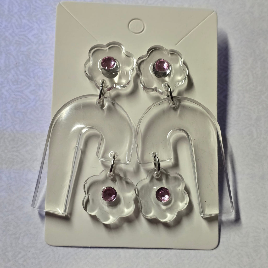 Clear Bloom Arch Earrings with Pink Crystal Studs