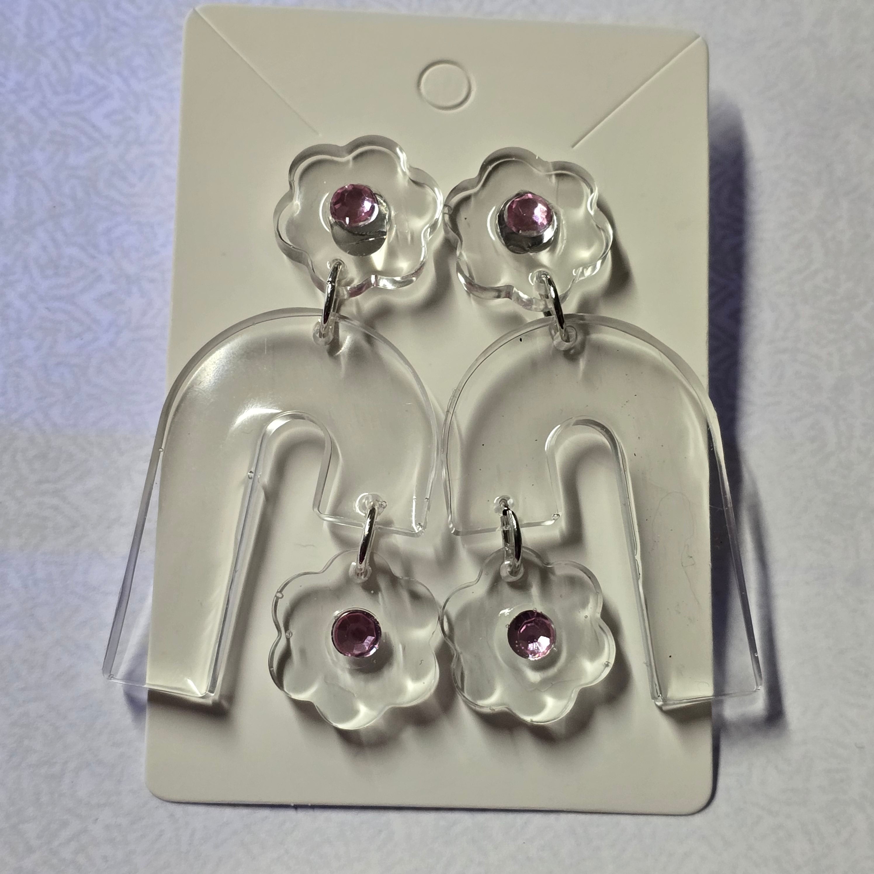 Clear Bloom Arch Earrings with Pink Crystal Studs
