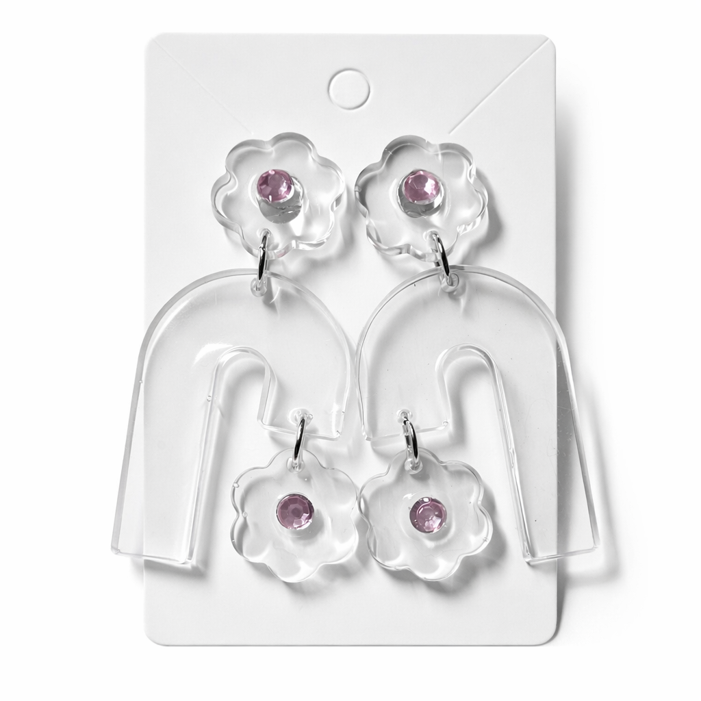 Clear Bloom Arch Earrings with Pink Crystal Studs