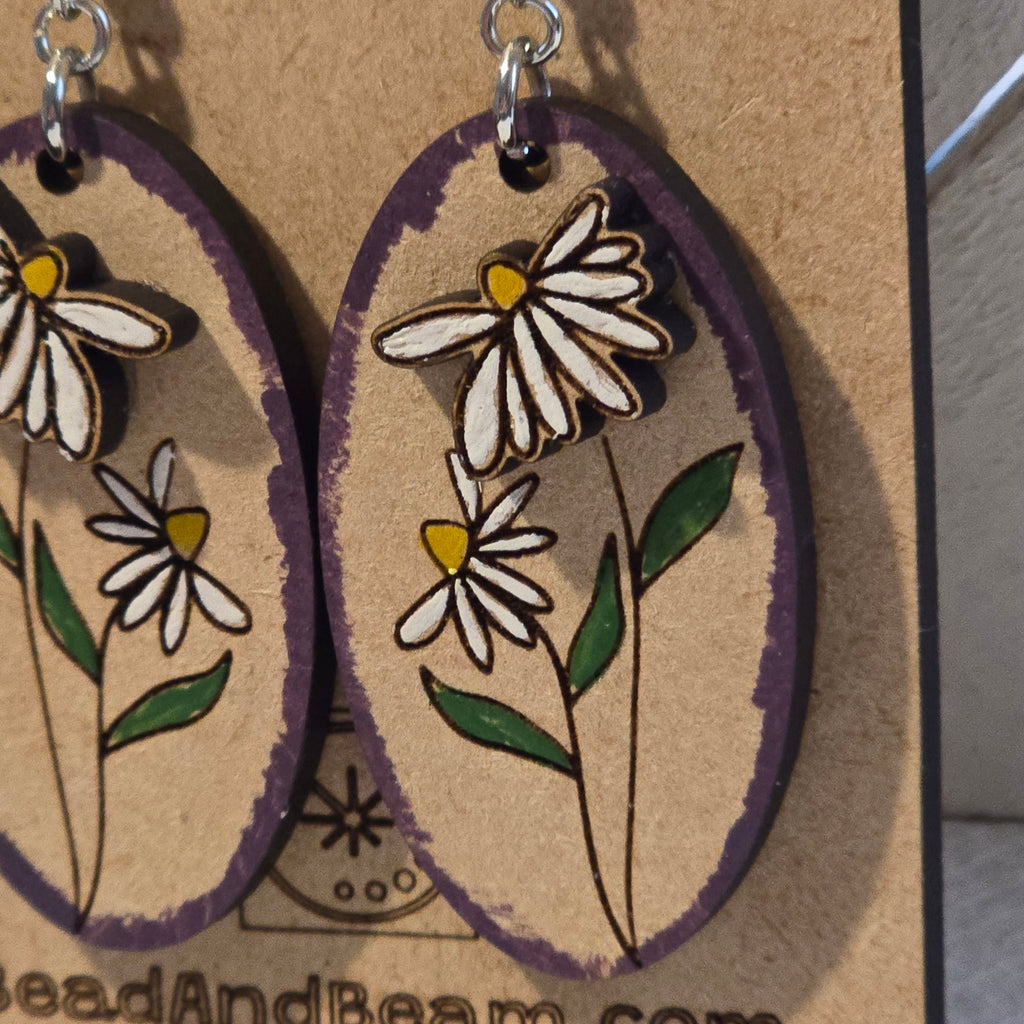 Hand-Painted Daisy Oval Earrings | Purple Edge Floral Dangles