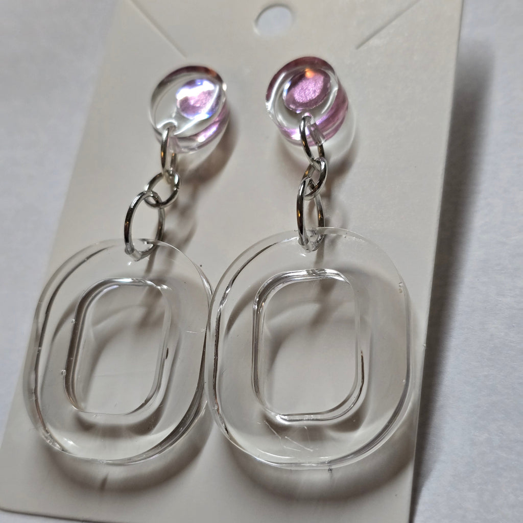 Clear Resin Square Drop Earrings with Pink Rhinestone Stud