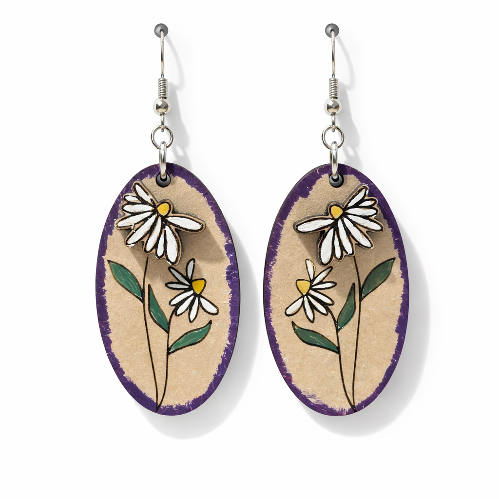 Hand-Painted Daisy Oval Earrings | Purple Edge Floral Dangles