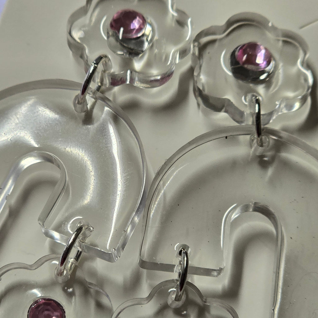 Clear Bloom Arch Earrings with Pink Crystal Studs