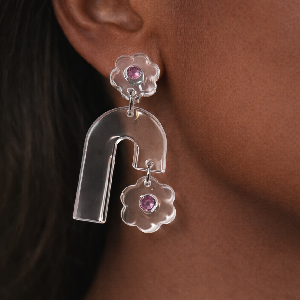 Clear Bloom Arch Earrings with Pink Crystal Studs