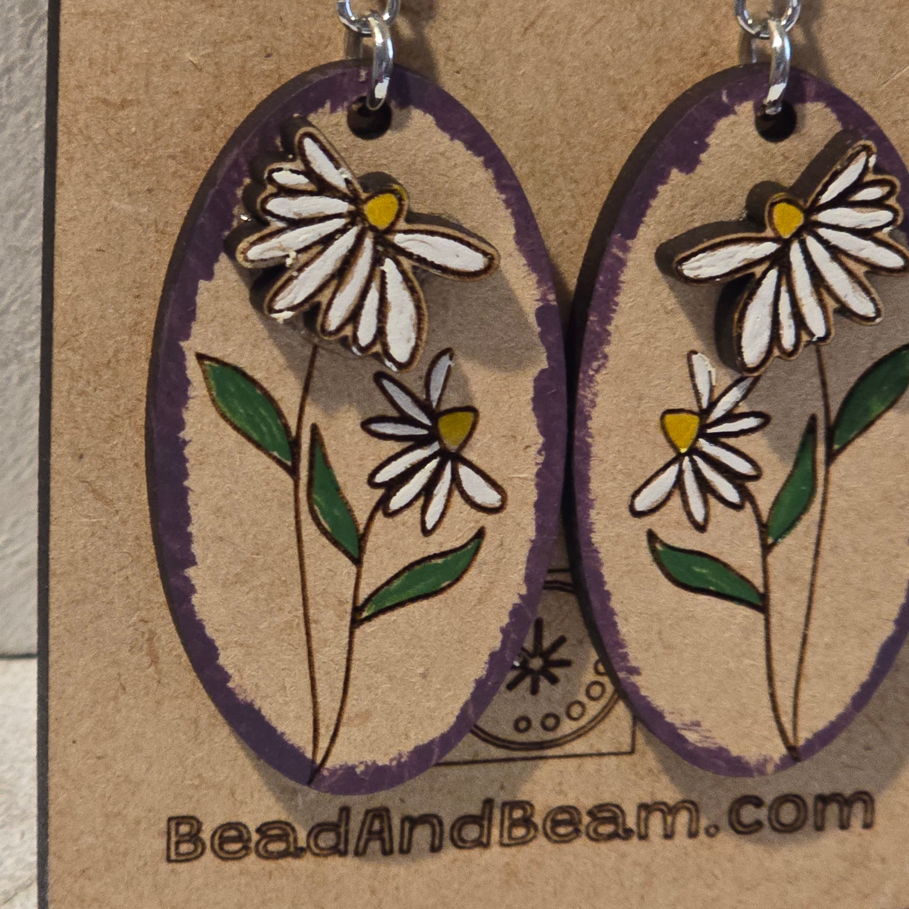Hand-Painted Daisy Oval Earrings | Purple Edge Floral Dangles
