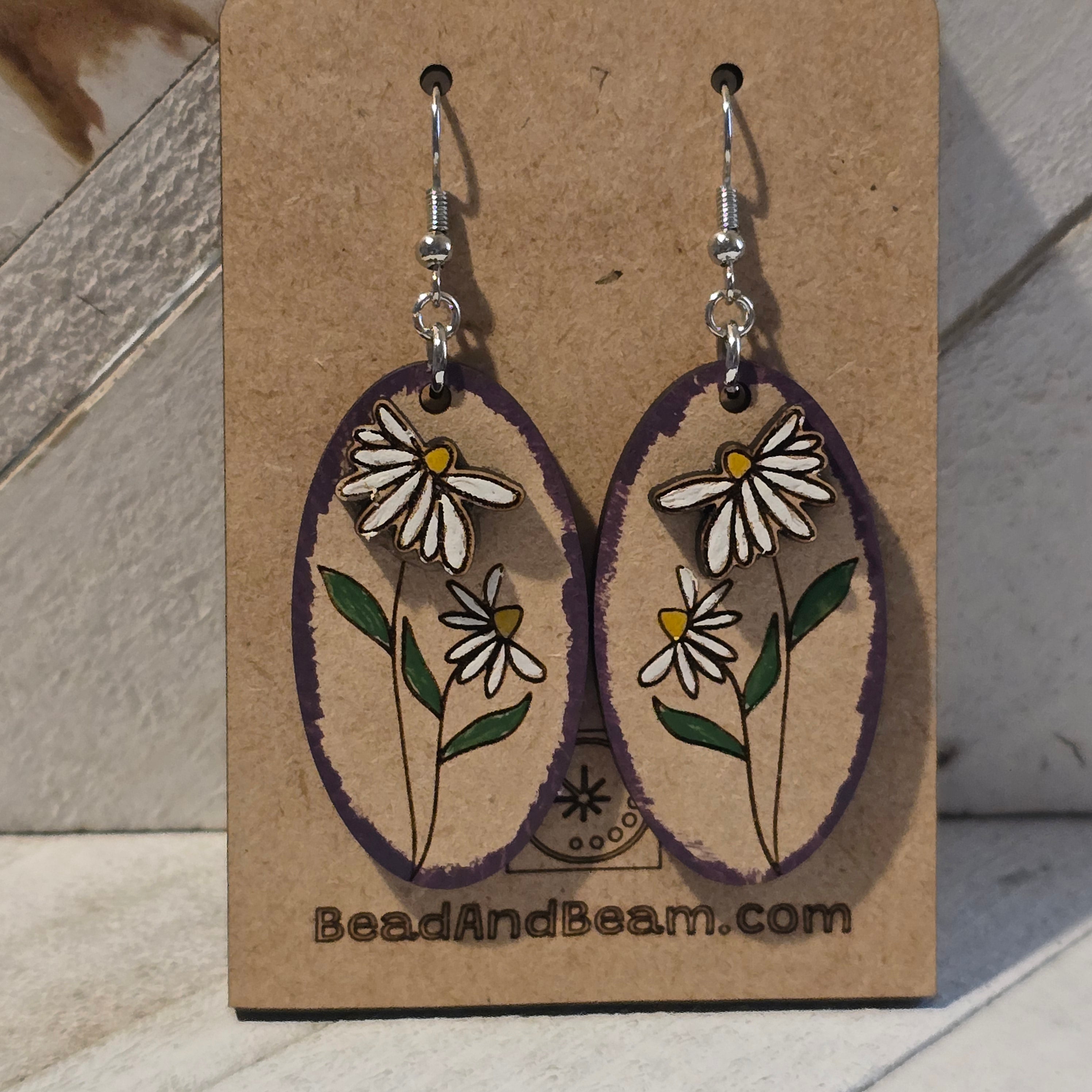 Hand-Painted Daisy Oval Earrings | Purple Edge Floral Dangles