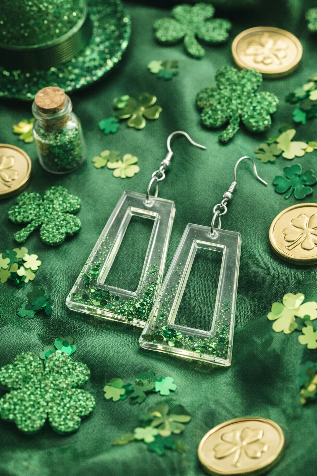 Clear Frame Resin Earrings with Emerald Green Flake Accents