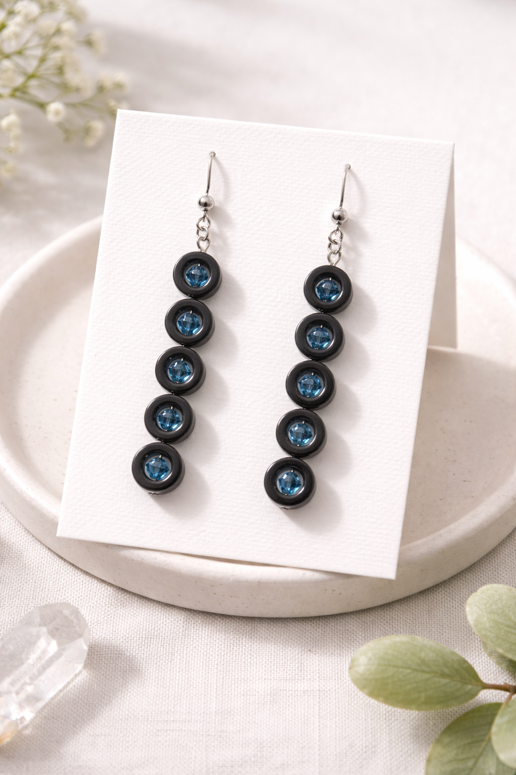Hematite & Crystal Drop Earrings | Minimal Grey Stone Jewelry