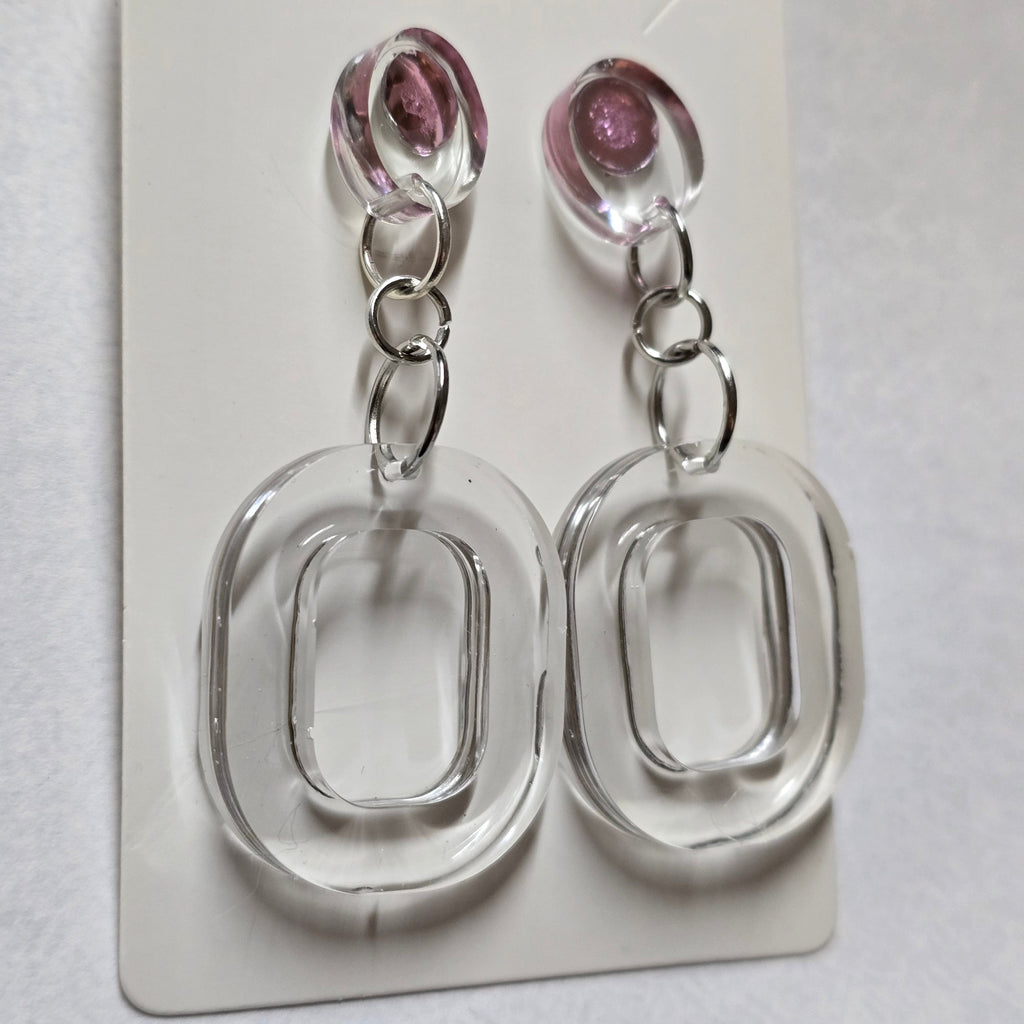 Clear Resin Square Drop Earrings with Pink Rhinestone Stud