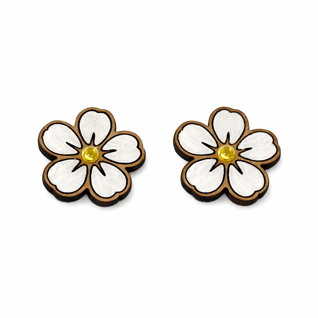 Handmade Floral Wood Stud Earrings – White Blossom with Golden Center
