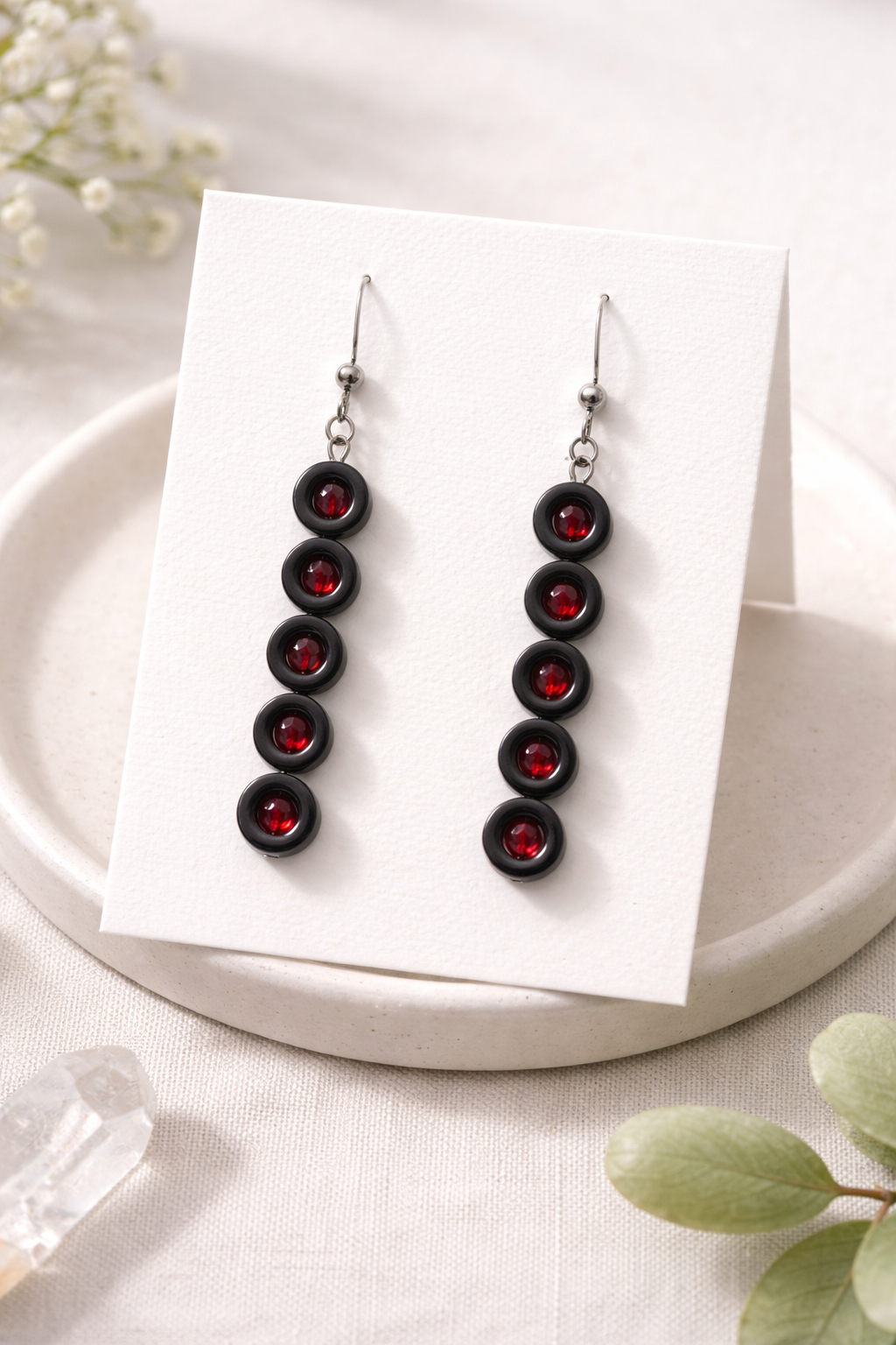 Hematite & Crystal Drop Earrings | Minimal Grey Stone Jewelry